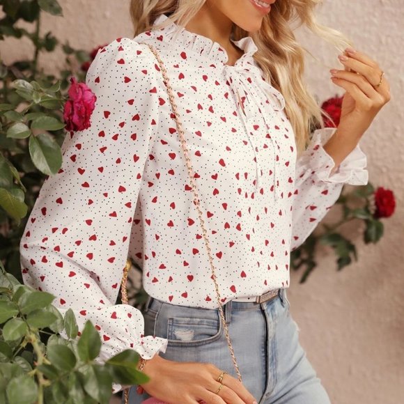 Heart & Polka Dot Frill Trim Tie Neck Flounce Sleeve Blouse - Picture 2 of 5